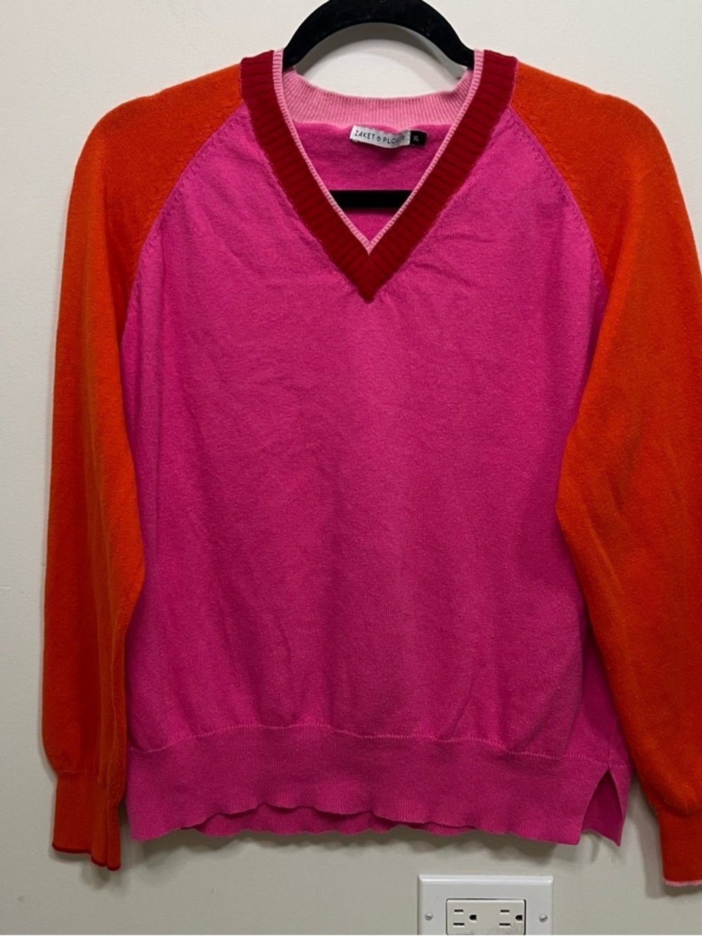 Pink and Orange V-Neck Raglan Sweater Cotton Cashmere Spring Careerwear Work